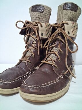 Sperry Top Sider Ladyfish Brown Leather Plaid High-Top Boots - Brown Size 7.5